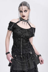 Blouse Punk Déchirée pour Femme à Épaules Dénudées et Col Halter Noire